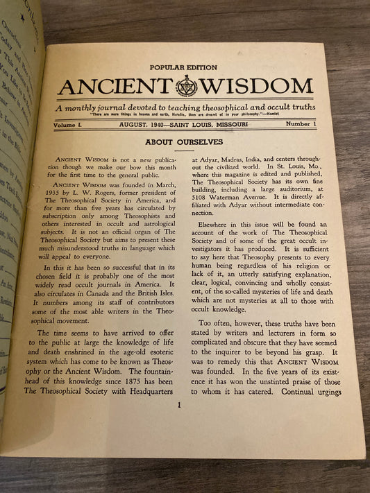 Ancient Wisdom by The Theosophical Society Of Saint Louis Vol. I, No. 1-4