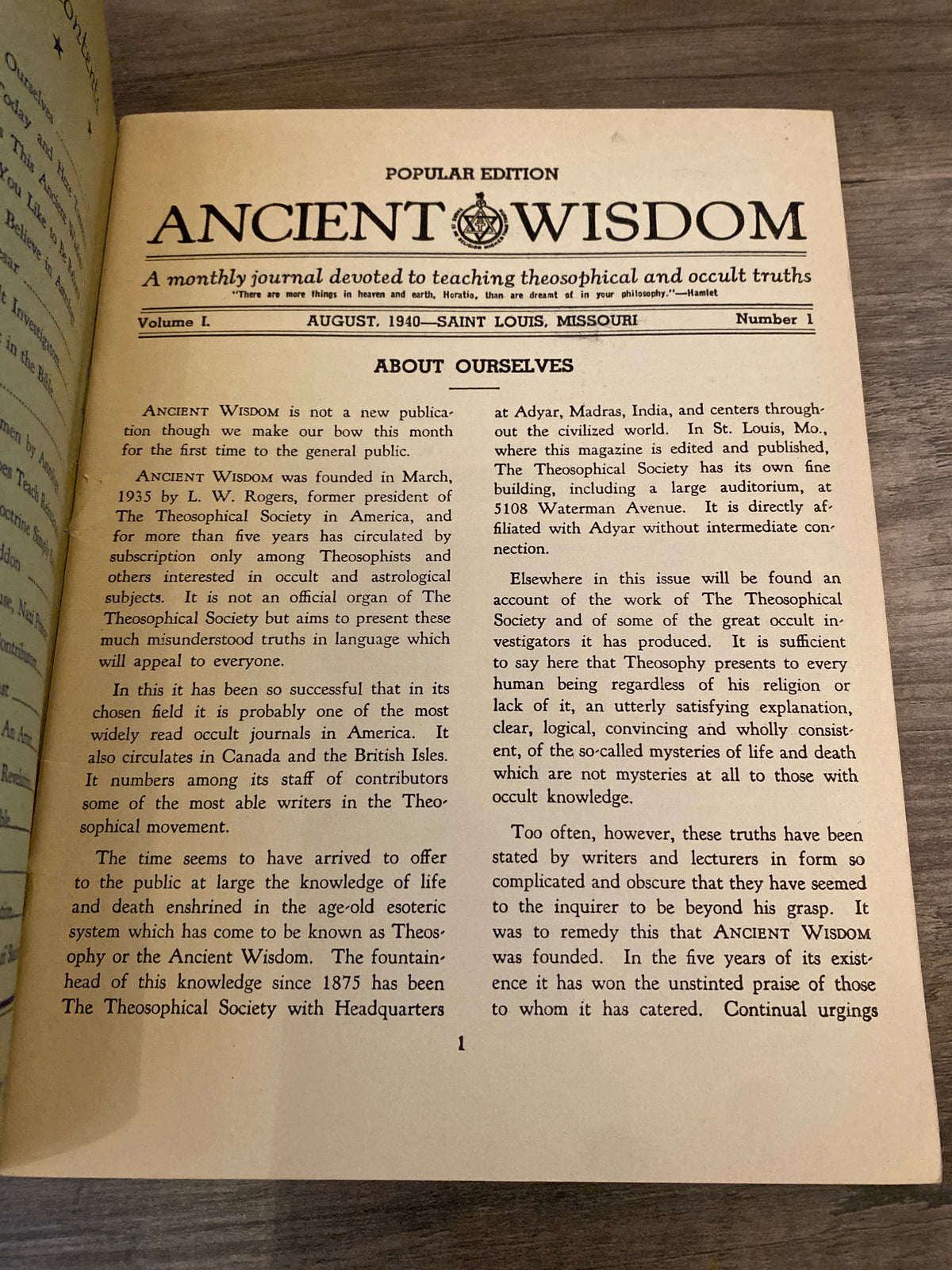 Ancient Wisdom by The Theosophical Society Of Saint Louis Vol. I, No. 1-4